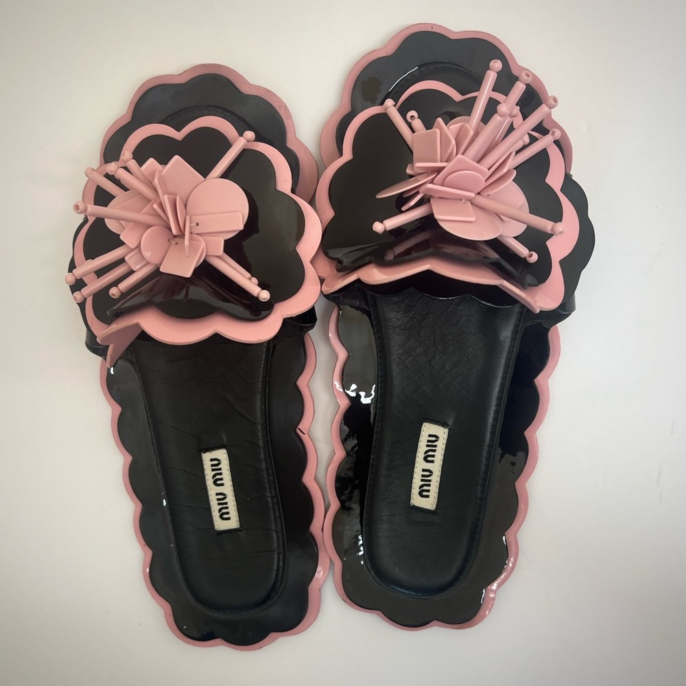 Miu Miu Black Patent Slide Sandals with Pink Floral Appliqué